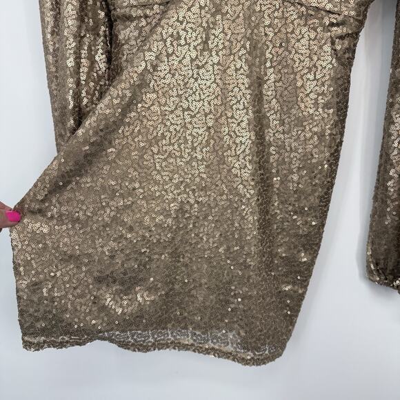 Altar'd State Gold Sequin Mini Dress size Medium Ballon Sleeve Deep V neck - Picture 5 of 13